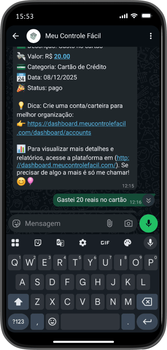 Interface do App Controle Fácil no WhatsApp